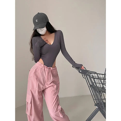 Spicy Girl Sexy V-Neck Elastic Tight Slim Long Sleeve Solid Color Bottom T-shirt Top High Quality Fashion Feminist Shirt Y2k