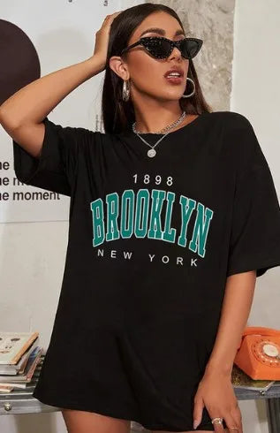 BROOKLYN Printed Men's and Women's T-shirt Summer Fashion Casual European American Women's Tops Oversized Summer Modal fabric