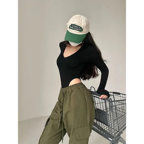 Spicy Girl Sexy V-Neck Elastic Tight Slim Long Sleeve Solid Color Bottom T-shirt Top High Quality Fashion Feminist Shirt Y2k