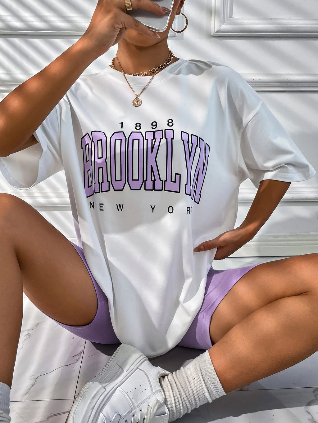 BROOKLYN Printed Men's and Women's T-shirt Summer Fashion Casual European American Women's Tops Oversized Summer Modal fabric