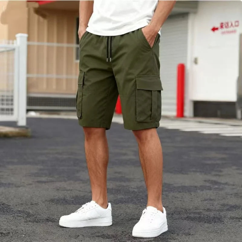 2026 Summer Men Loose Straight Pants Casual Multi-Pocket Shorts Pure Color Fashion Men Shorts Drawstring Daily Cargo Short Pants