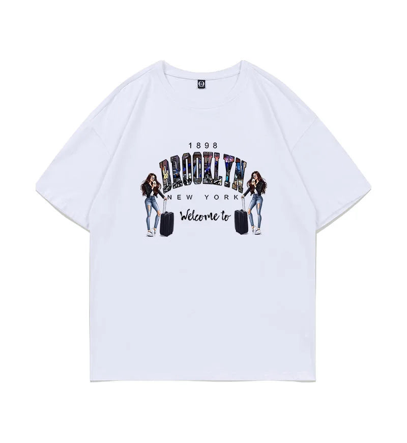 BROOKLYN Printed Men's and Women's T-shirt Summer Fashion Casual European American Women's Tops Oversized Summer Modal fabric