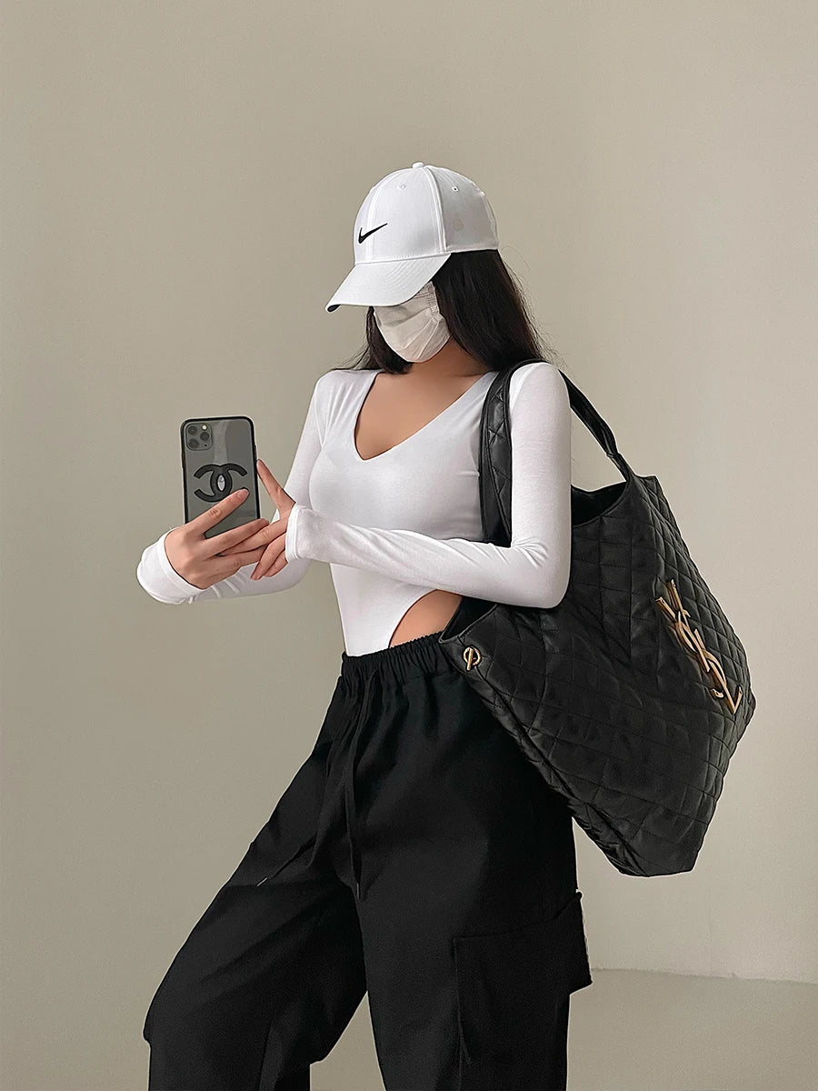 Spicy Girl Sexy V-Neck Elastic Tight Slim Long Sleeve Solid Color Bottom T-shirt Top High Quality Fashion Feminist Shirt Y2k