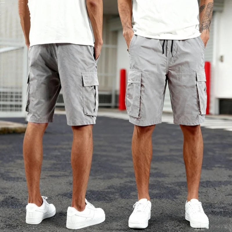 2026 Summer Men Loose Straight Pants Casual Multi-Pocket Shorts Pure Color Fashion Men Shorts Drawstring Daily Cargo Short Pants