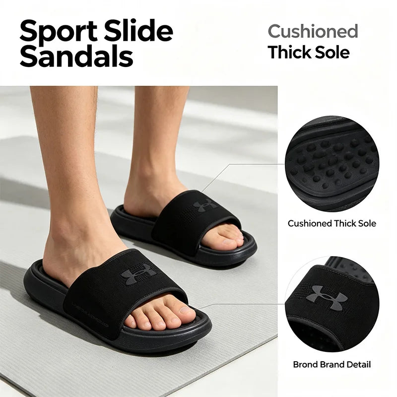 2026 Under Armour Black White Casual Sport Slides Cushioned Thick Sole Non-Slip Slippers for Gym Beach Daily Wear