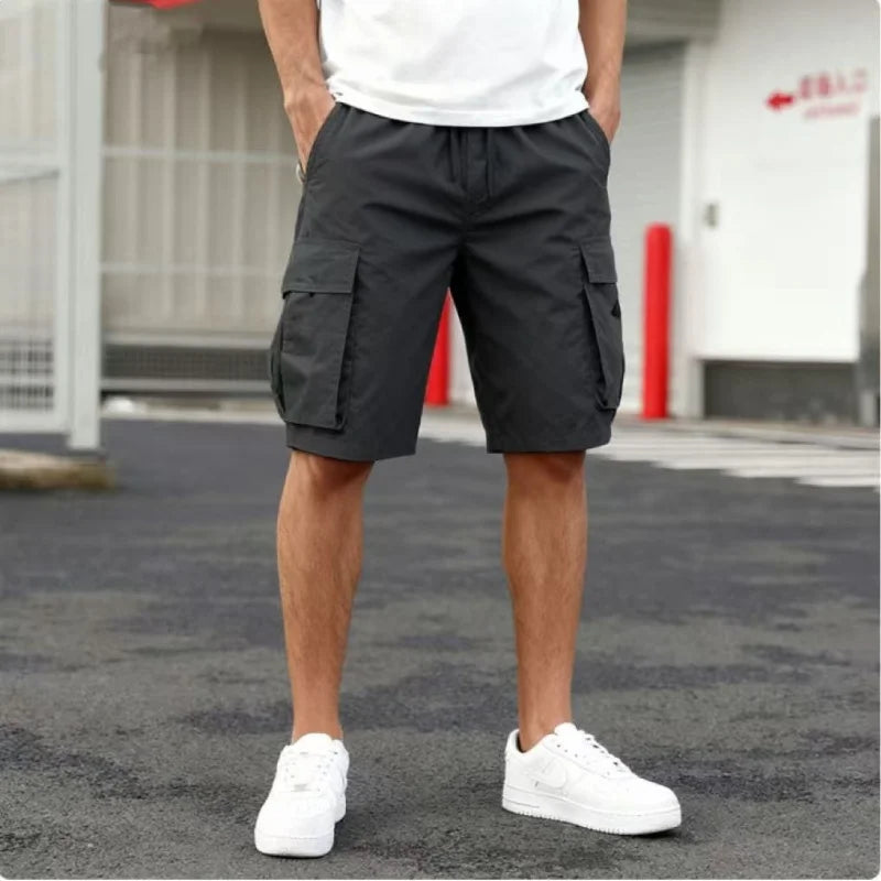 2026 Summer Men Loose Straight Pants Casual Multi-Pocket Shorts Pure Color Fashion Men Shorts Drawstring Daily Cargo Short Pants
