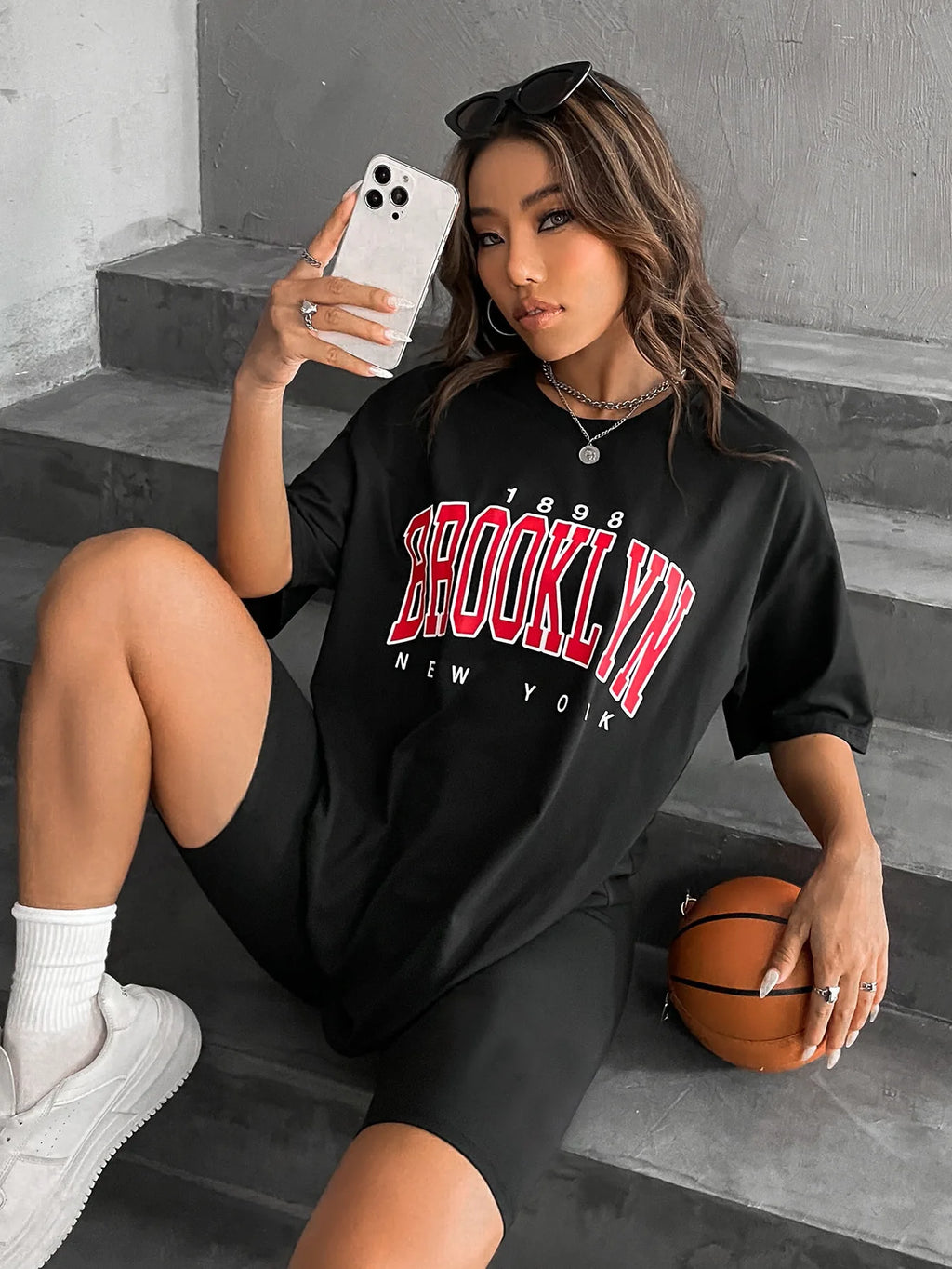 BROOKLYN Printed Men's and Women's T-shirt Summer Fashion Casual European American Women's Tops Oversized Summer Modal fabric
