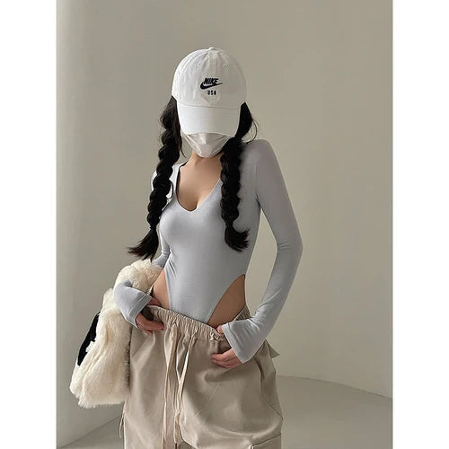 Spicy Girl Sexy V-Neck Elastic Tight Slim Long Sleeve Solid Color Bottom T-shirt Top High Quality Fashion Feminist Shirt Y2k