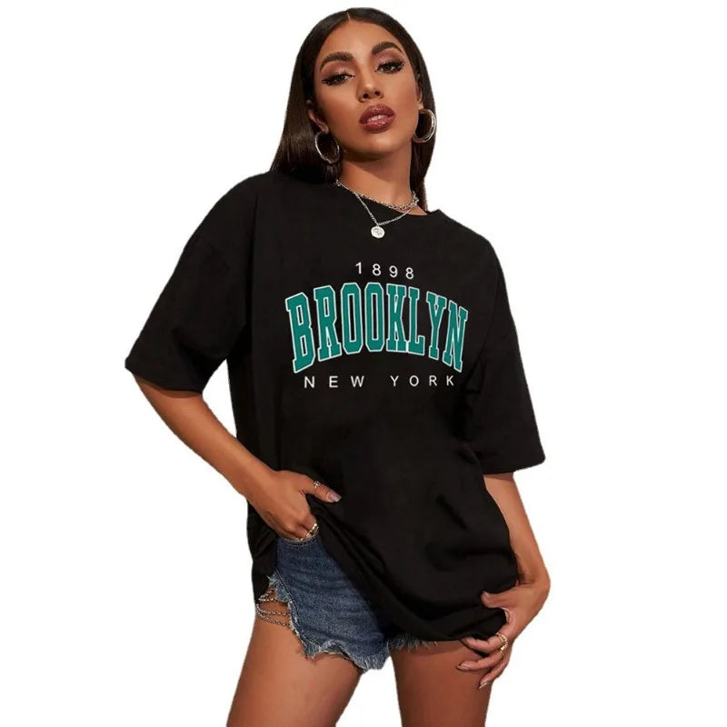 BROOKLYN Printed Men's and Women's T-shirt Summer Fashion Casual European American Women's Tops Oversized Summer Modal fabric