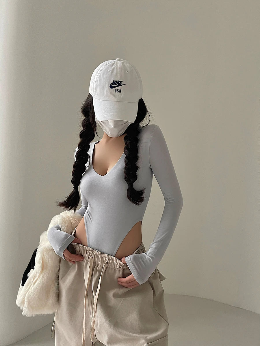 Spicy Girl Sexy V-Neck Elastic Tight Slim Long Sleeve Solid Color Bottom T-shirt Top High Quality Fashion Feminist Shirt Y2k