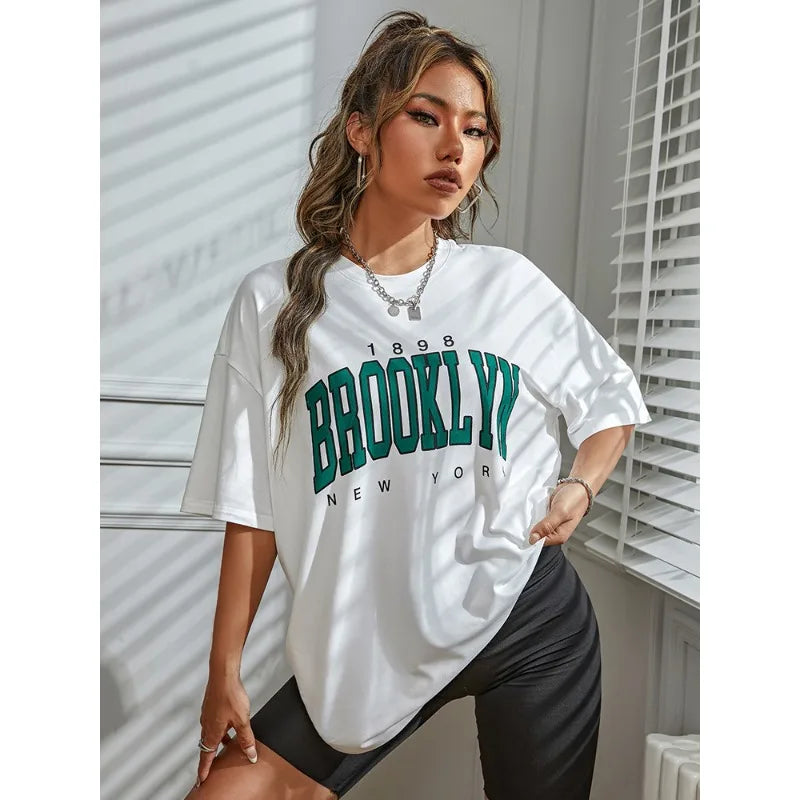 BROOKLYN Printed Men's and Women's T-shirt Summer Fashion Casual European American Women's Tops Oversized Summer Modal fabric