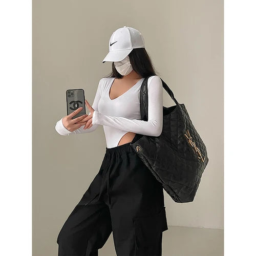 Spicy Girl Sexy V-Neck Elastic Tight Slim Long Sleeve Solid Color Bottom T-shirt Top High Quality Fashion Feminist Shirt Y2k