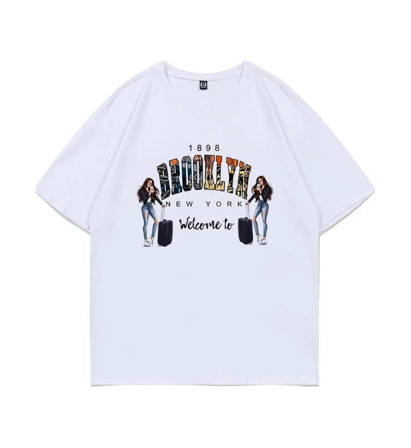 BROOKLYN Printed Men's and Women's T-shirt Summer Fashion Casual European American Women's Tops Oversized Summer Modal fabric