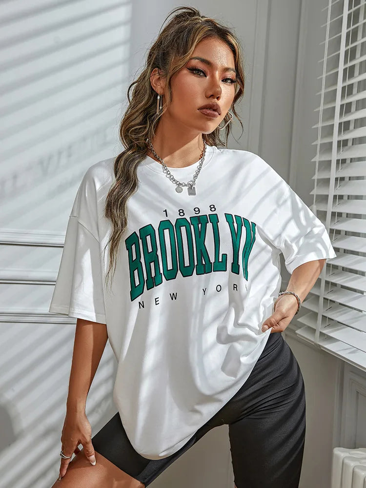 BROOKLYN Printed Men's and Women's T-shirt Summer Fashion Casual European American Women's Tops Oversized Summer Modal fabric