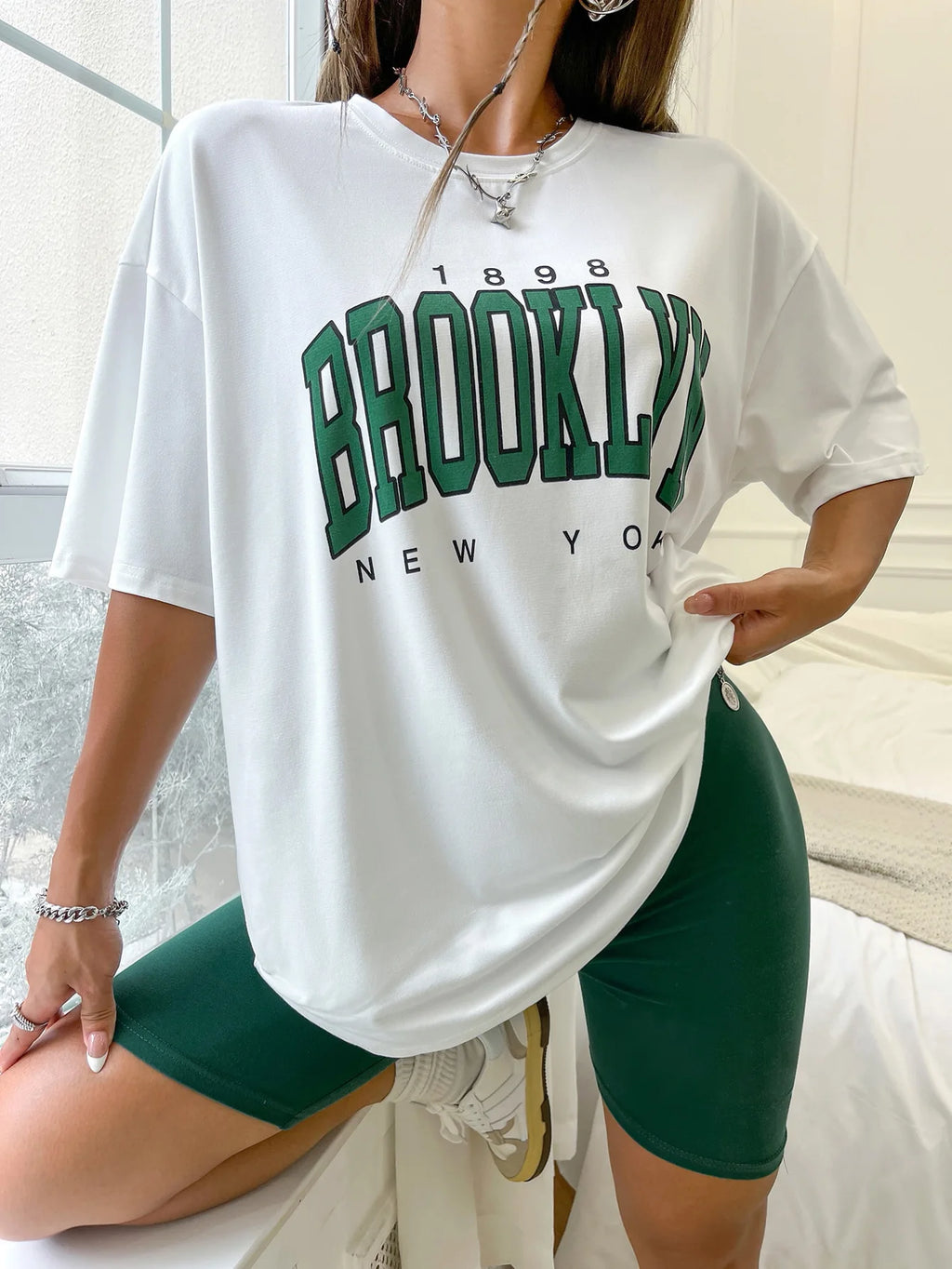 BROOKLYN Printed Men's and Women's T-shirt Summer Fashion Casual European American Women's Tops Oversized Summer Modal fabric