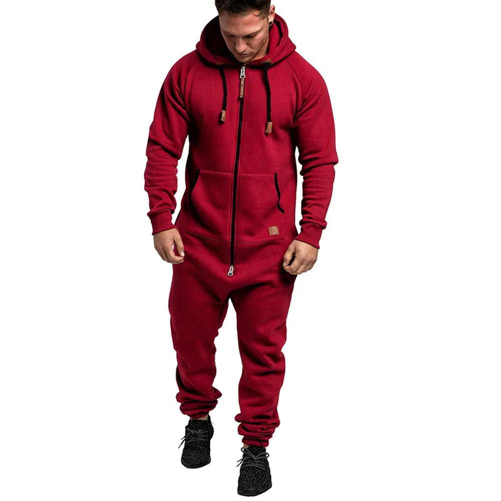 2024 New Men's Warm Fleece Onesie Fluffy Lounge Adult One-Piece Jumpsuit Hooded Onesie Male Running Zip Suit