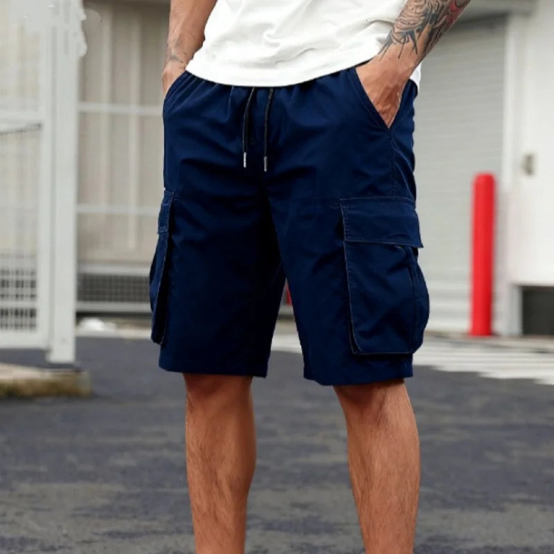 2026 Summer Men Loose Straight Pants Casual Multi-Pocket Shorts Pure Color Fashion Men Shorts Drawstring Daily Cargo Short Pants