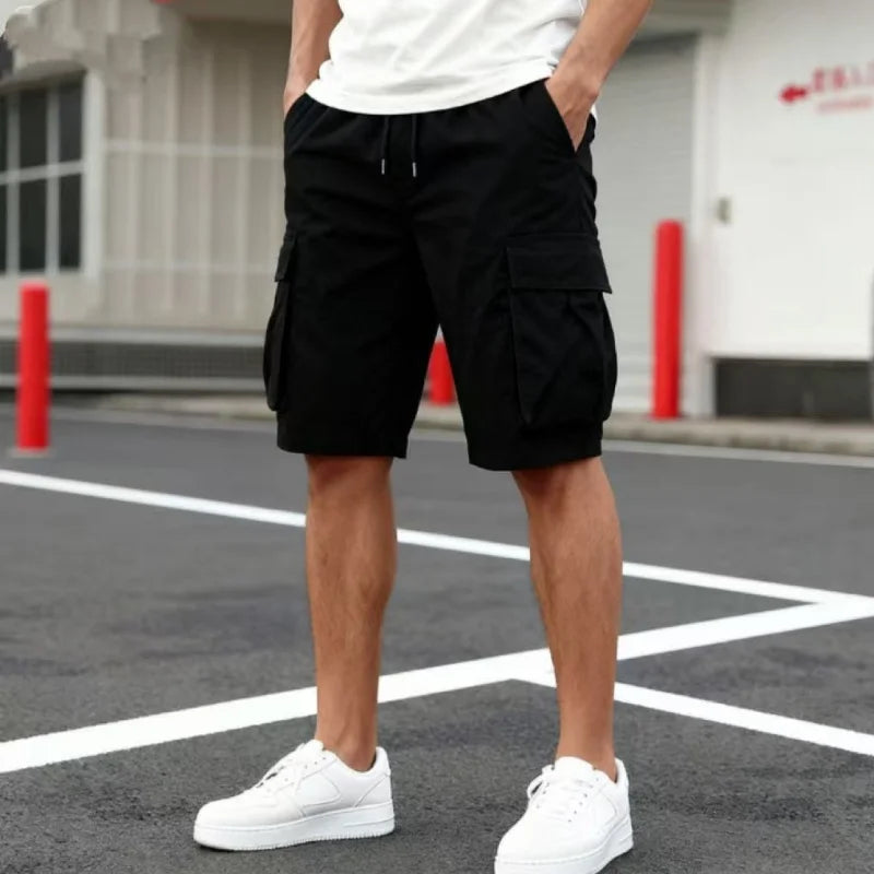 2026 Summer Men Loose Straight Pants Casual Multi-Pocket Shorts Pure Color Fashion Men Shorts Drawstring Daily Cargo Short Pants