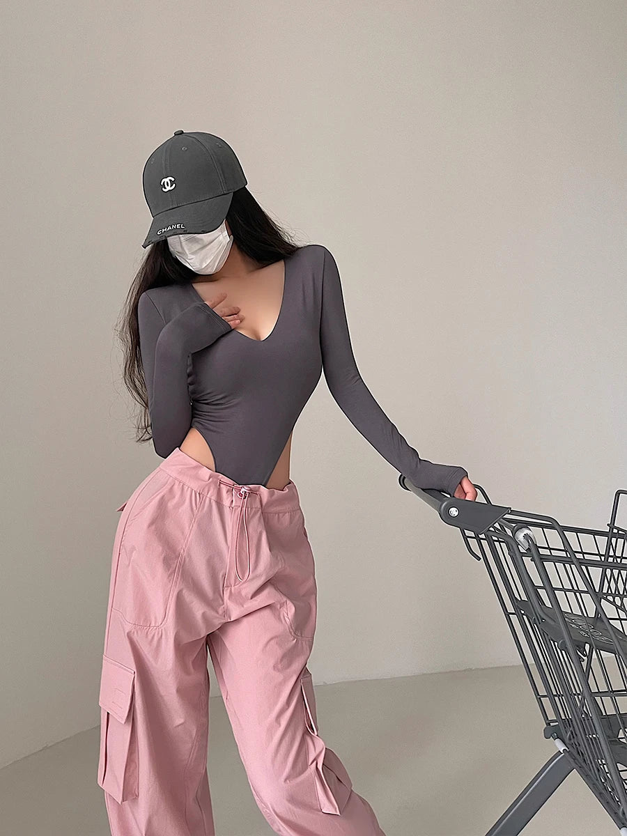 Spicy Girl Sexy V-Neck Elastic Tight Slim Long Sleeve Solid Color Bottom T-shirt Top High Quality Fashion Feminist Shirt Y2k